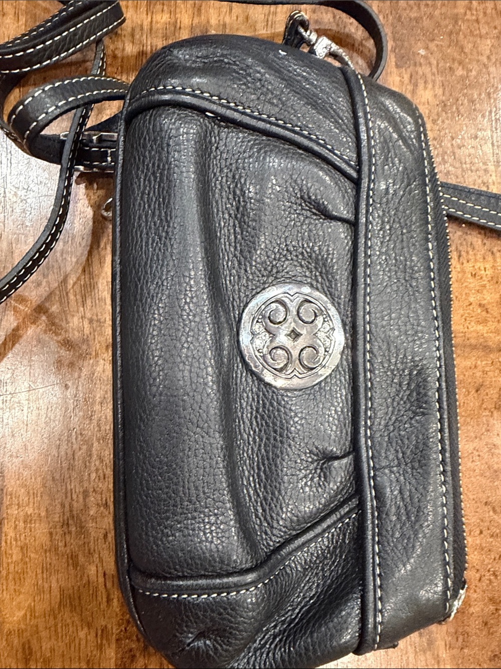 Brighton Black Leather Crossbody with Silver Medallion